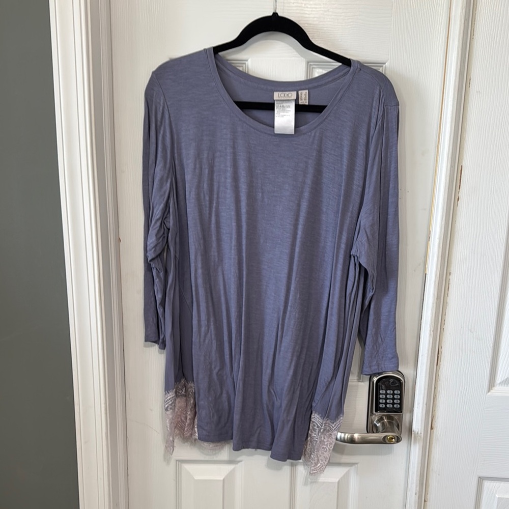 LOGO by Lori Goldstein Purple and Silver Ruffled 3/4 Sleeve Tunic